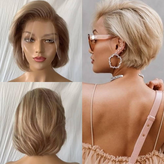 blonde mix light brown pixie cut wig