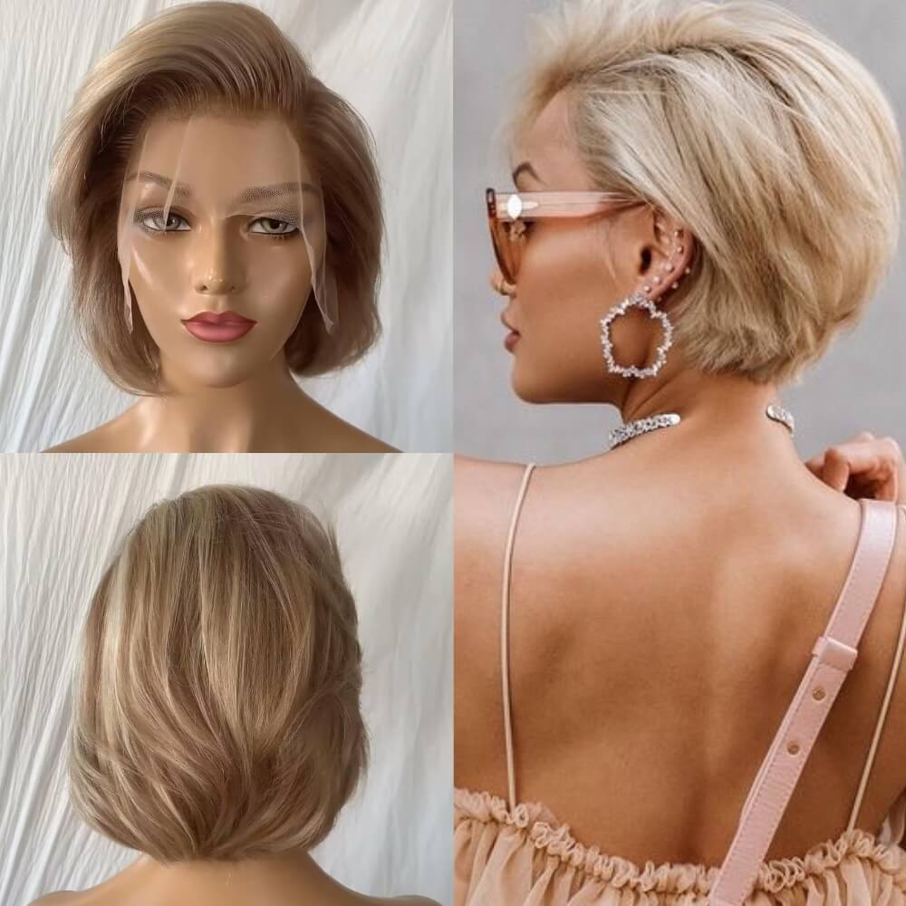 Honey Blonde Pixie Cut Wig Lace Frontal Brazilian Hair for Black Women