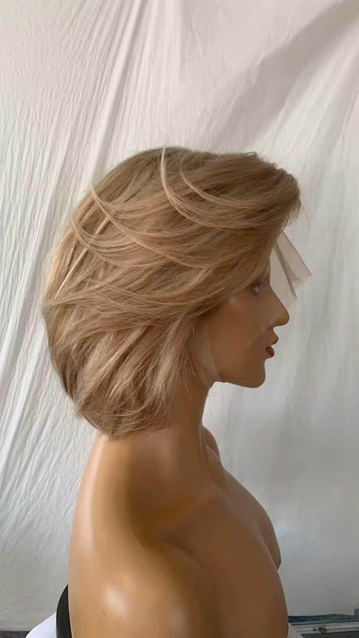  blonde mix light brown straight bob pixie cut wig human hair