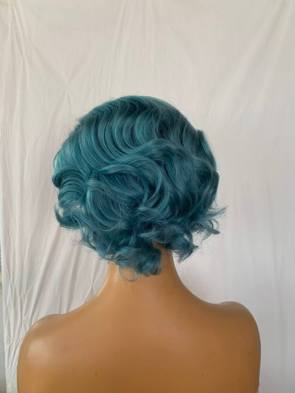 blue color short pixie cut human hair lace wig wave