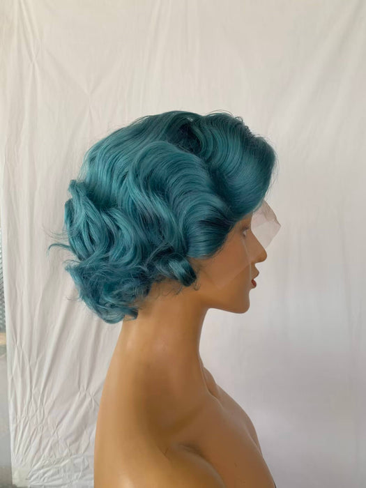 blue color short pixie cut human hair wig wave