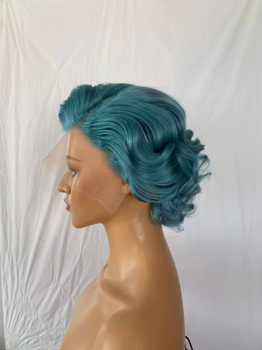 blue color short pixie cut lace frontal wig wave