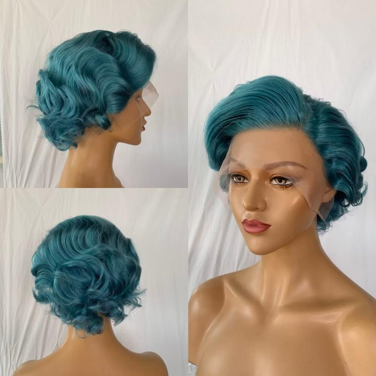 Blue Color Short Pixie Cut Lace Wig Wave Human Hair for African American