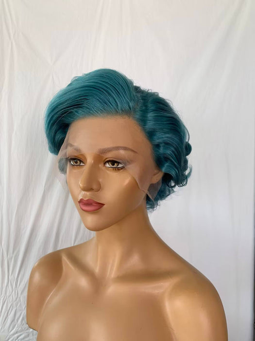 blue color short pixie cut lace wig wave human hair