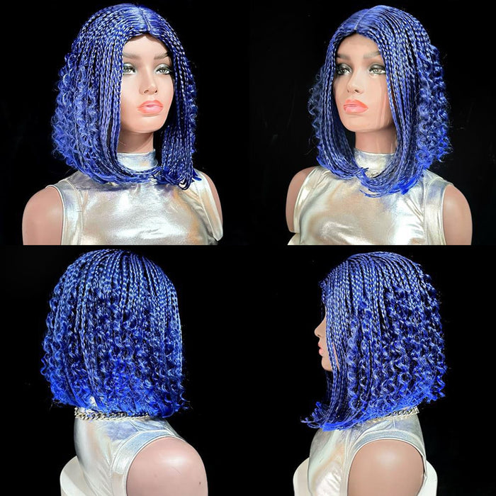 12-Inch Short Box Braid Bob Synthetic Hair Boho Hair Wig Goddess Braids Wig for Black Women, T1B-Blue