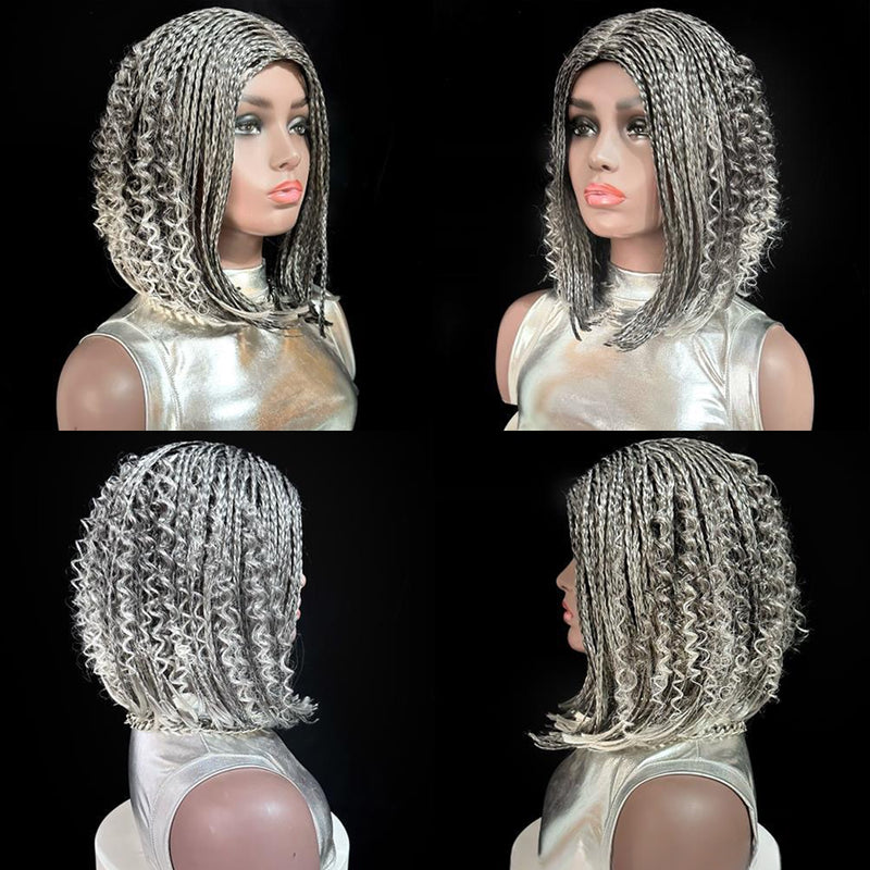 12-Inch Short Box Braid Bob Synthetic Hair Boho Hair Wig Goddess Braids Wig for Black Women, T1B-GRAY