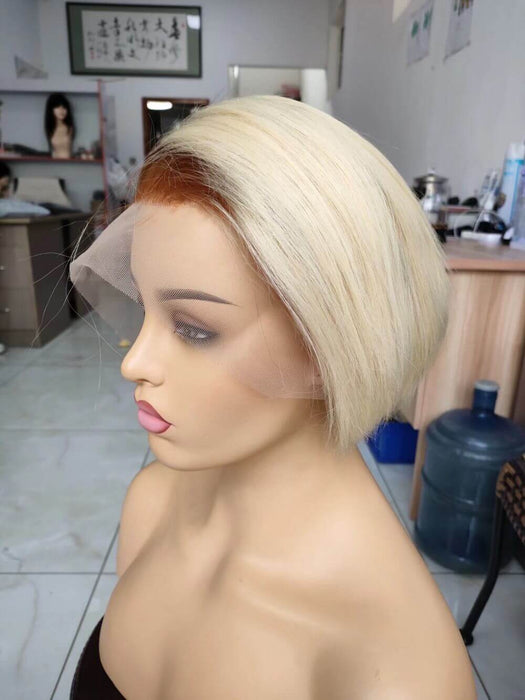 brown ombre blonde color pixie cut lace human hair wig