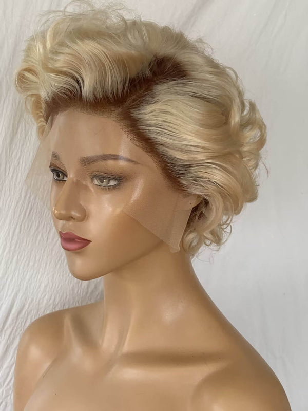 brown ombre blonde curly pixie cut human hair wig