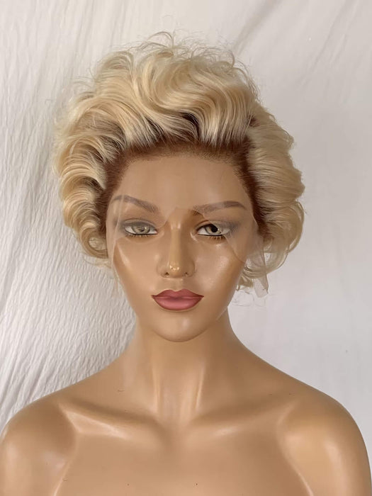 brown ombre blonde curly pixie cut lace wig