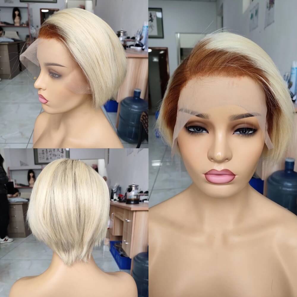 brown ombre blonde pixie cut wig