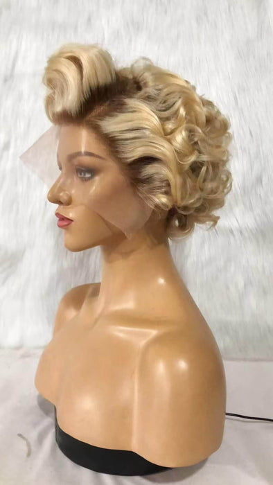 brown ombre blonde wave pixie cut human hair wig