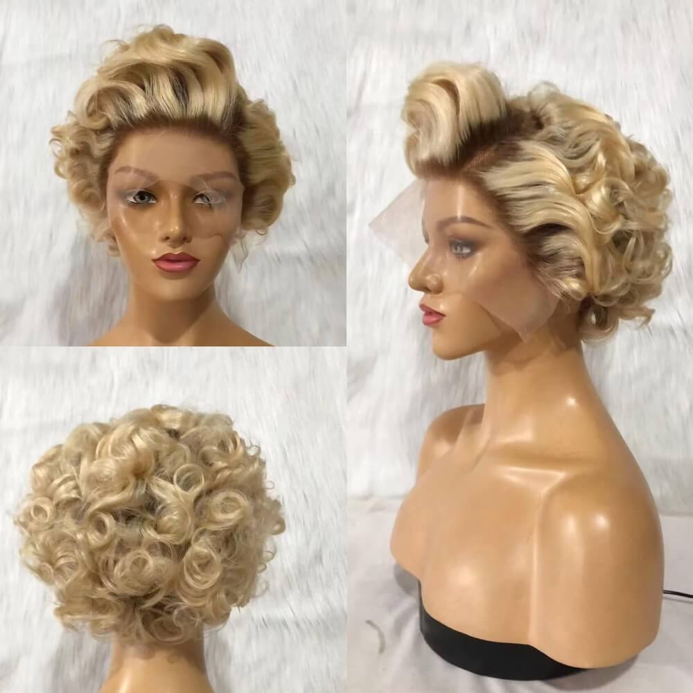 Brown Ombre Blonde Wave Pixie Cut Wig Human Hair for African American
