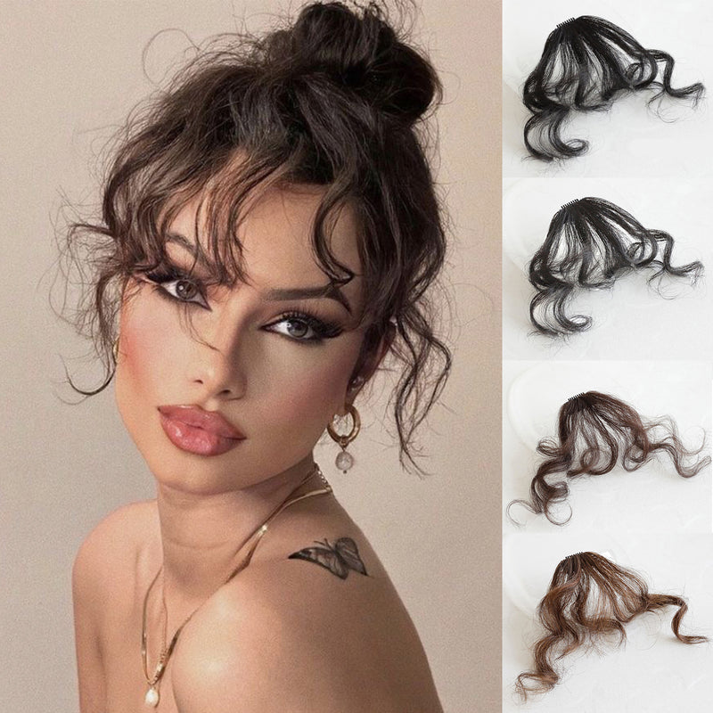 VANANGA Curly Bangs Clip in Hair Extension, Synthetic Hair French Bangs Clip on Wispy Bangs Natural Curly Air Bangs Fake Fringe Bangs Hair Piece for Women