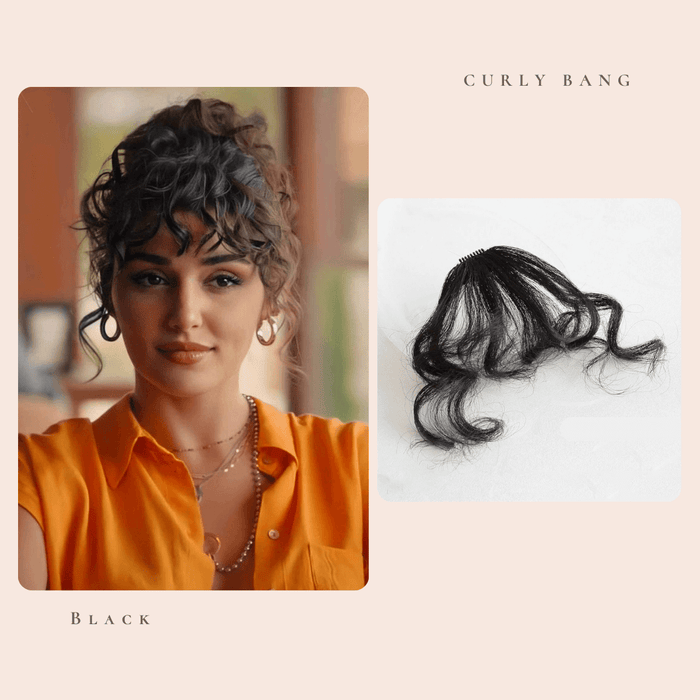 VANANGA Curly Bangs Clip in Hair Extension, Synthetic Hair French Bangs Clip on Wispy Bangs Natural Curly Air Bangs Fake Fringe Bangs Hair Piece for Women