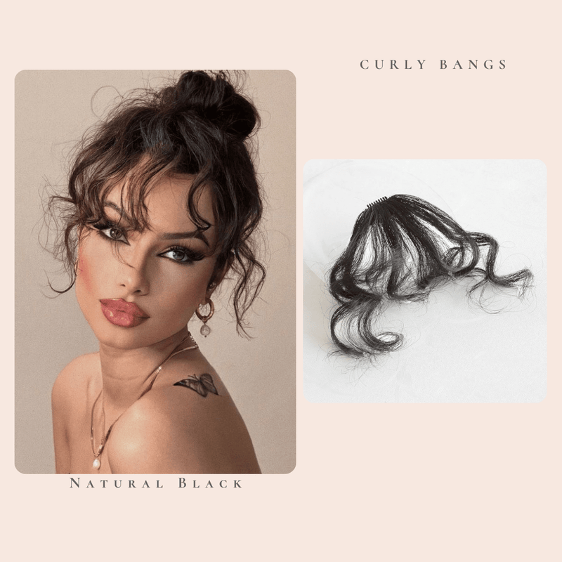 VANANGA Curly Bangs Clip in Hair Extension, Synthetic Hair French Bangs Clip on Wispy Bangs Natural Curly Air Bangs Fake Fringe Bangs Hair Piece for Women