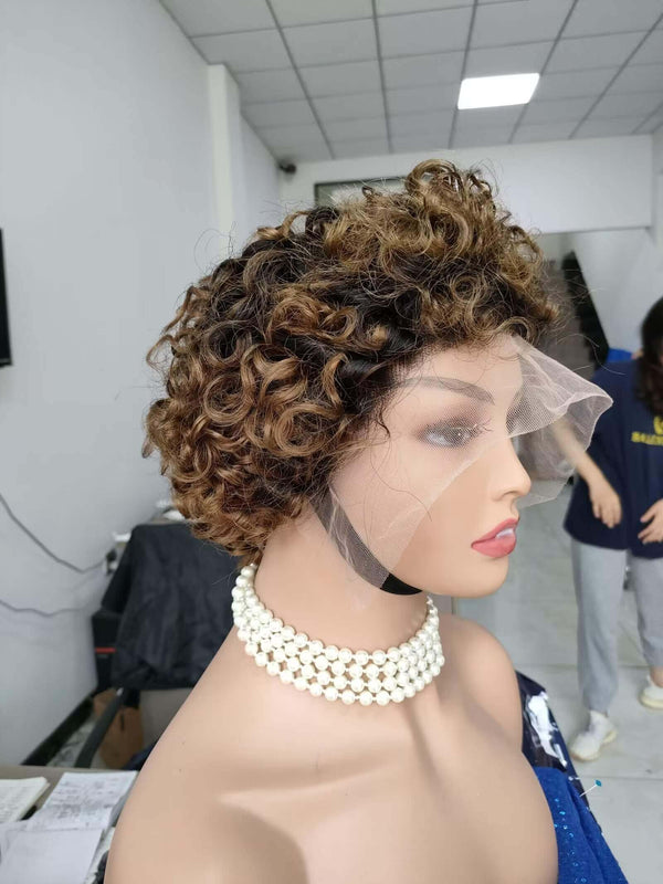 dark brown ombre black curly pixie cut lace wig