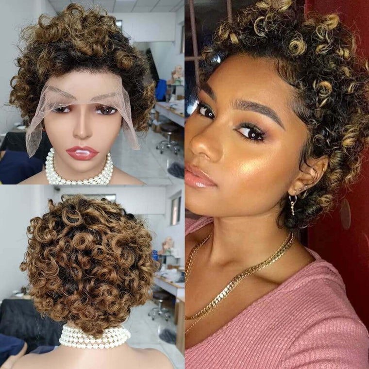 Dark Brown Ombre Black Curly Pixie Cut Wig Lace Frontal Human Hair