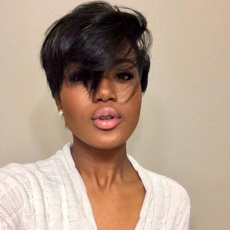 Straight Pixie Cut Wig with Long Bangs Human Hair Lace Frontal for African American-model
