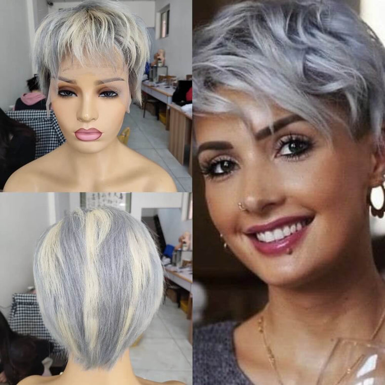 Perruque Lace Wig Pixie Cut Blonde Mix gris, cheveux brésiliens pour afro-américains