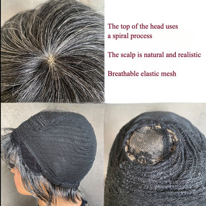 Dark Salt and Pepper Wigs Human Hair Straight Grey Pixie Cut for Black Women