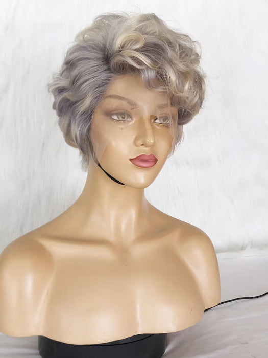 light Gray Color Human Hair Curly Pixie Cut Lace Wig for Black Women