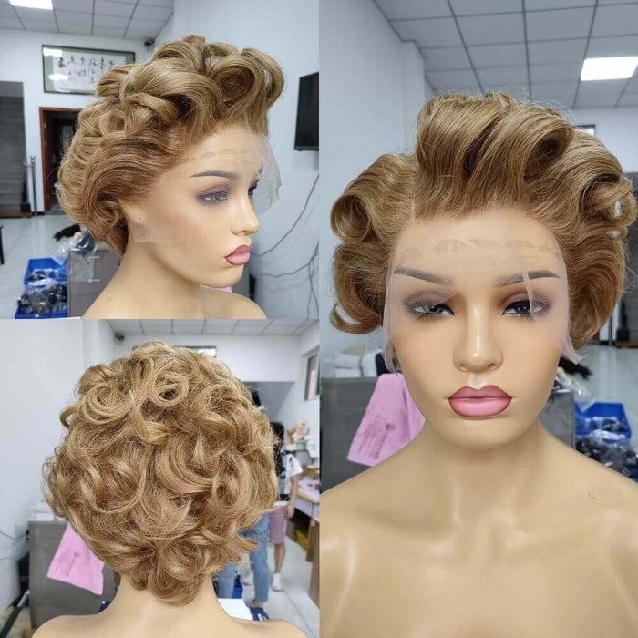 light brown color curly pixie cut wig