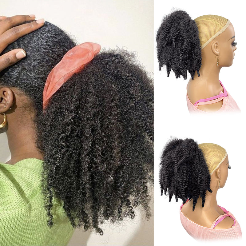 Short Marley Hair Drawstring Ponytail Black 4C Afro Puff Bun Ponytail Braiding Hair Ponytail Synthetic Afro Kinky Curl Pony Tail Hair Piece for Black Women