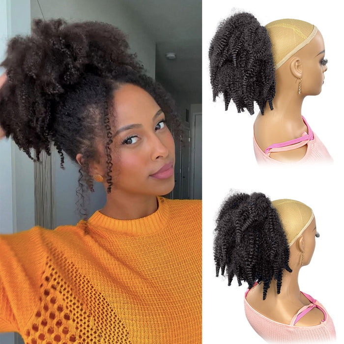 Short Marley Hair Drawstring Ponytail Black 4C Afro Puff Bun Ponytail Braiding Hair Ponytail Synthetic Afro Kinky Curl Pony Tail Hair Piece for Black Women