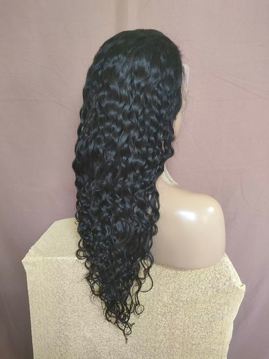  Water Wave Human Hair Lace Frontal Wig Black Color Free Part for Black Women 