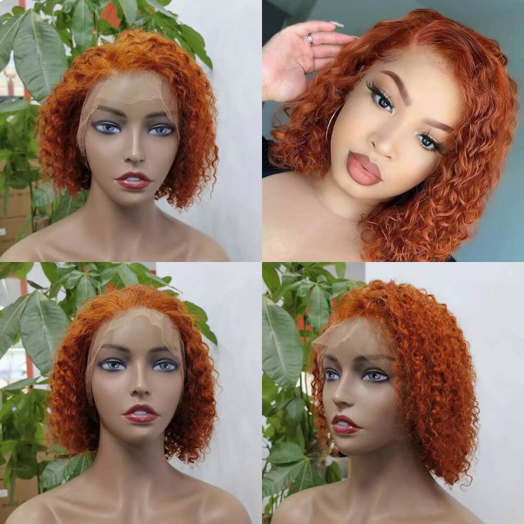 Orange Color Short Curly Bob Wig Human Hair Lace Front for African American