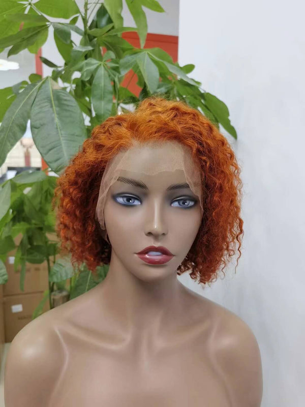 Orange Color Short Curly Bob Wig Human Hair Lace Front for African American-2