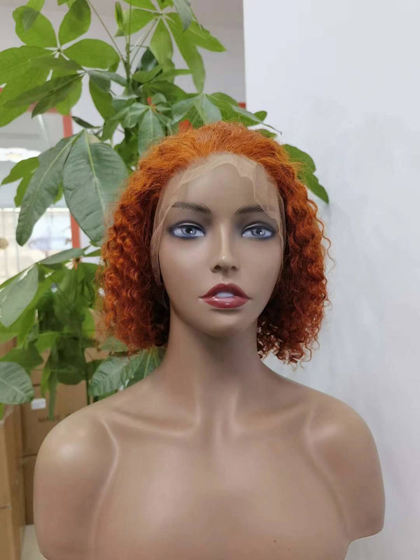 Orange Color Short Curly Bob Wig Human Hair Lace Front for African American-3