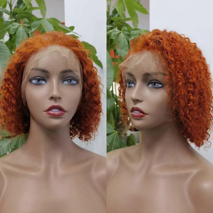Orange Color Short Curly Bob Wig Human Hair Lace Front for African American-4