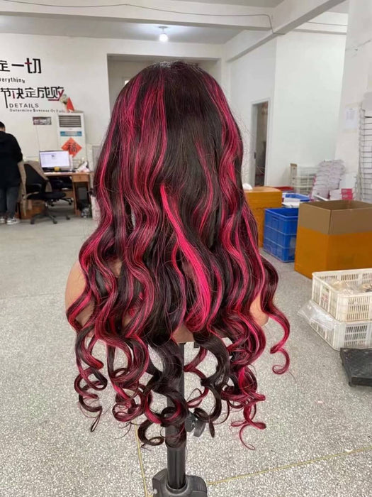Loose Wave Lace Frontal Wig with Pink Highlight Human Hair  for African American-2