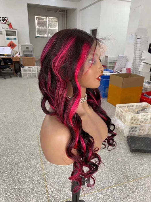 Loose Wave Lace Frontal Wig with Pink Highlight Human Hair  for African American-3