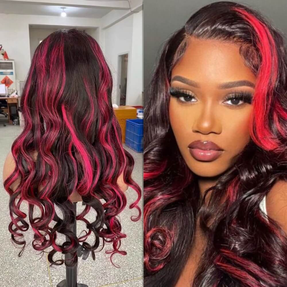 Loose Wave Lace Frontal Wig with Pink Highlight Human Hair  for African American-1