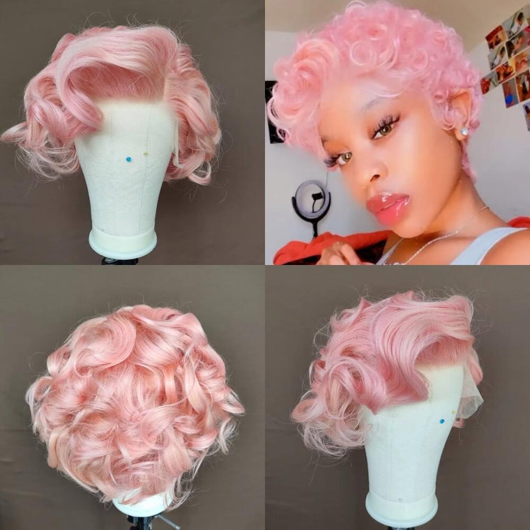 Pink Wave Pixie Cut Wig Human Hair Lace Front for Black Women