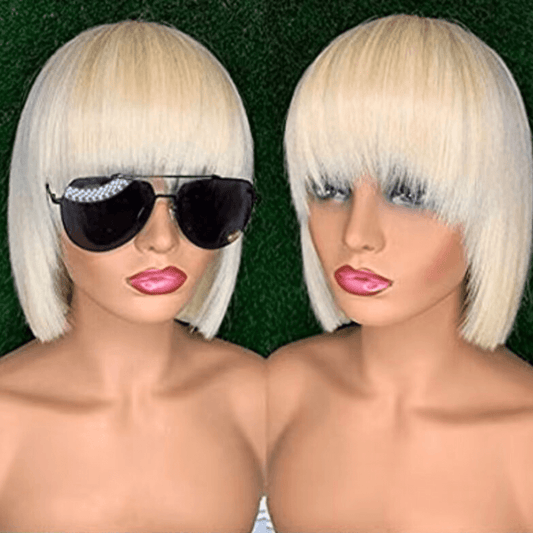 Short Blonde bob Wig with Bangs Human Hair Lace frontal Wig 13x4-1