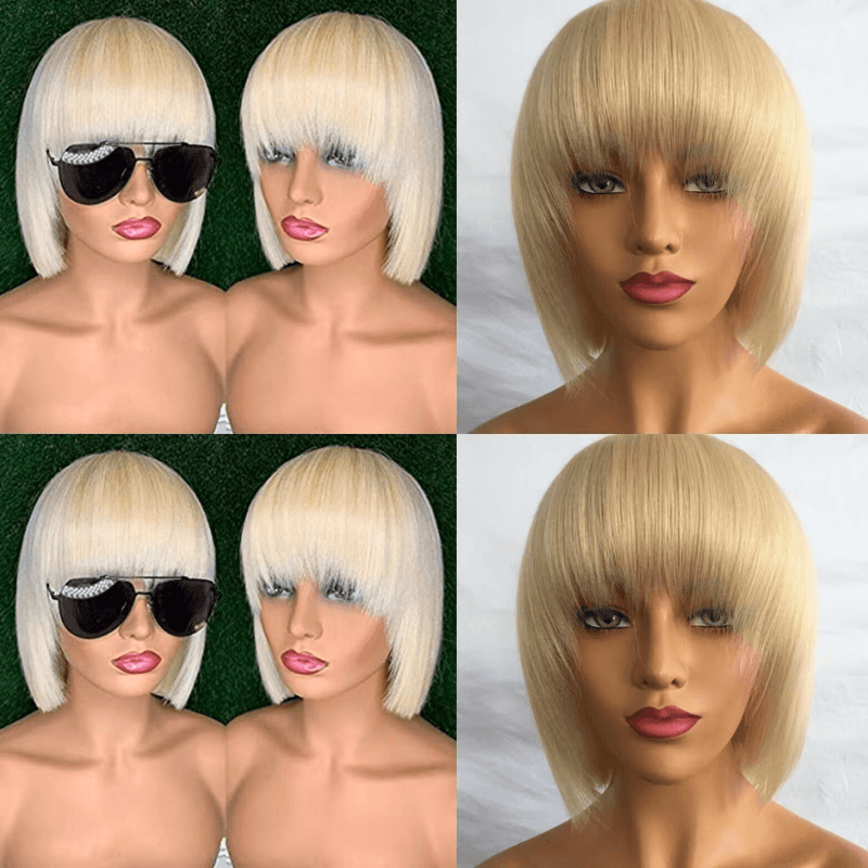 Short Blonde bob Wig with Bangs Human Hair Lace frontal Wig 13x4-3
