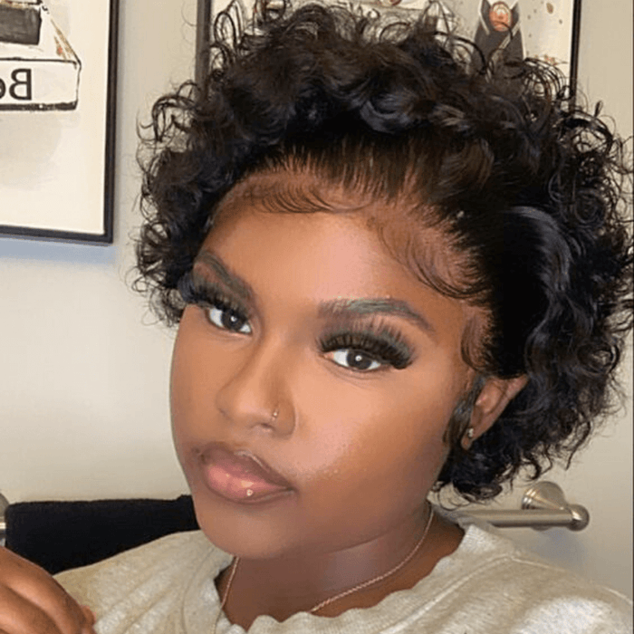 Short Curly Pixie Human Hair Wigs Lace Frontal for Black Women-model