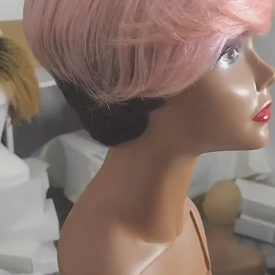 Short Pixie Cut Wig Pink Color with Black Roots Layered Glueless Human Hair Pixie Wig with Bangs for Black Women Non-lace Full Machine Made
