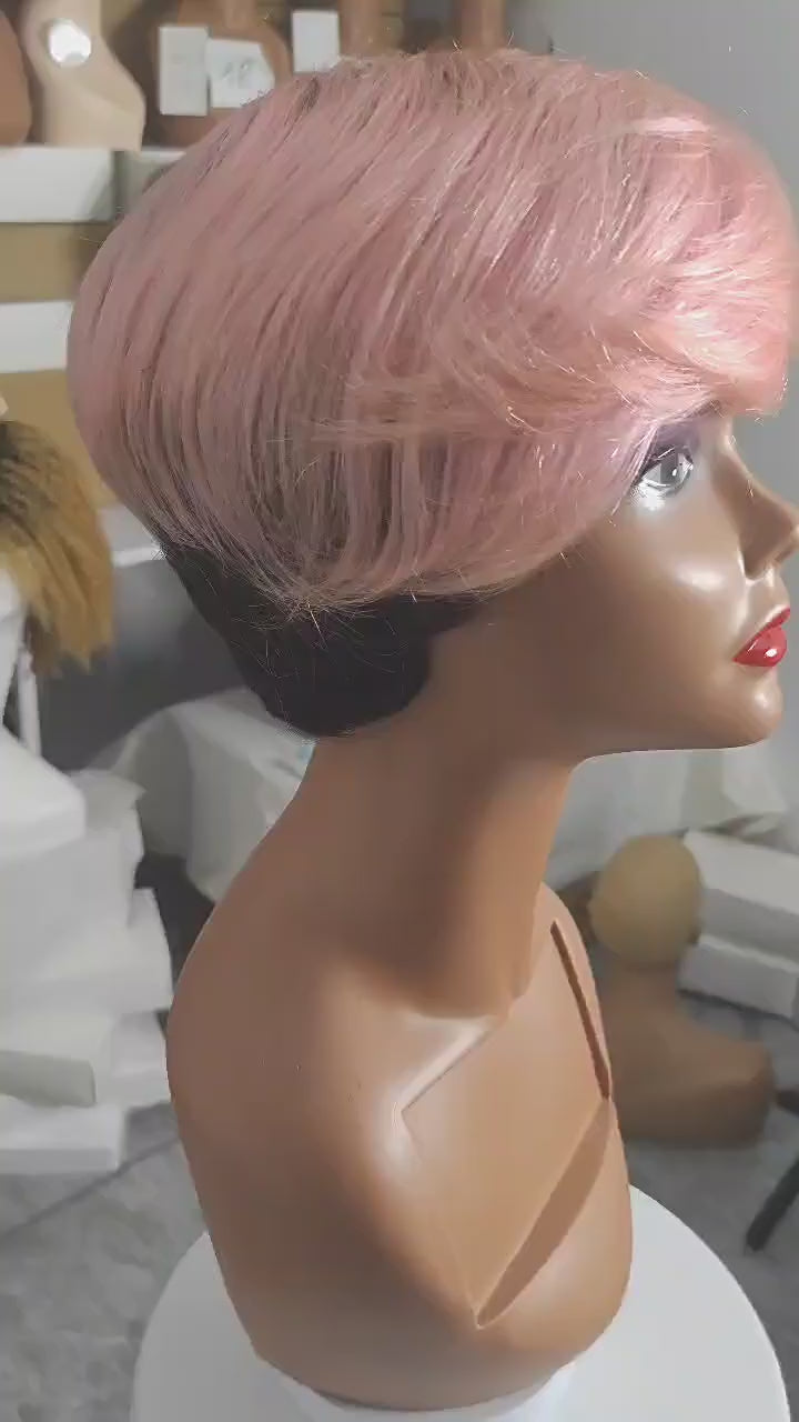 Short Pixie Cut Wig Pink Color with Black Roots Layered Glueless Human Hair Pixie Wig with Bangs for Black Women Non-lace Full Machine Made