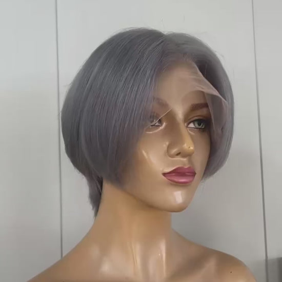 Grey Pixie Cut Lace Wig  Lace Frontal Straight Brazilian Hair for African American