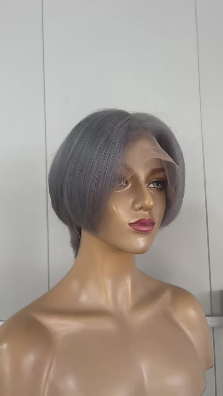 Grey Pixie Cut Lace Wig  Lace Frontal Straight Brazilian Hair for African American