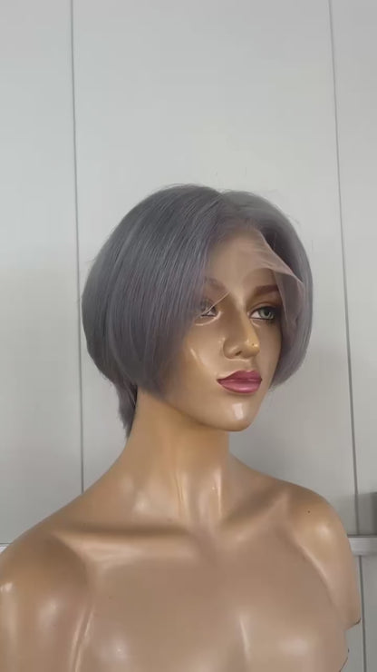Grey Pixie Cut Lace Wig  Lace Frontal Straight Brazilian Hair for African American