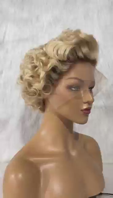 Ombre Blonde Pixie Cut Curly Wig Human Hair  Lace Frontal for African American