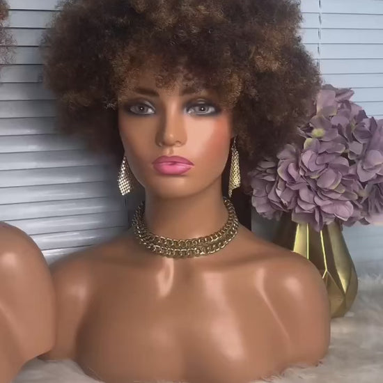 Brown Highlight Afro Wig Human Hair Short Afro Kinky Curly Wig for Black Women
