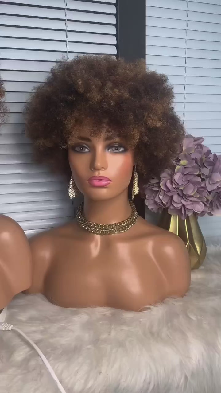 Brown Highlight Afro Wig Human Hair Short Afro Kinky Curly Wig for Black Women