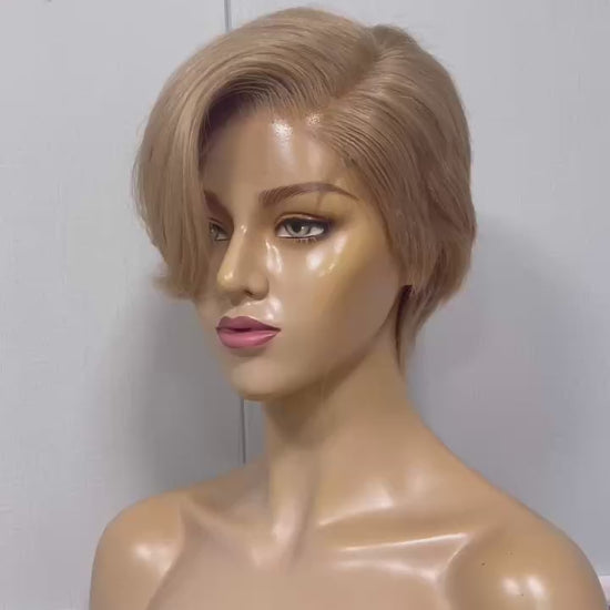 Light Brown Pixie Cut Human Hair Straight Wig Lace frontal for African American