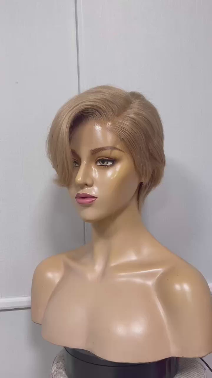 Light Brown Pixie Cut Human Hair Straight Wig Lace frontal for African American